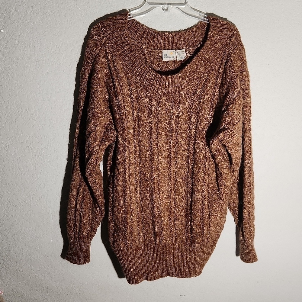 Liz Claiborne Womens Sweater Size L Wool Blend Brown Cable Knit Crew Neck Bibbed